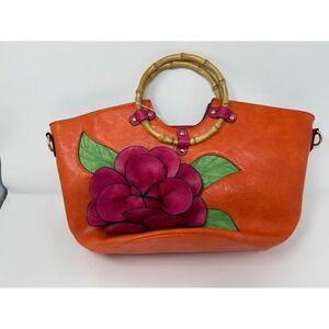 Gorgeous Empire Orange‎ Faux Leather 3D Floral Applique Bamboo Handle Purse NWT